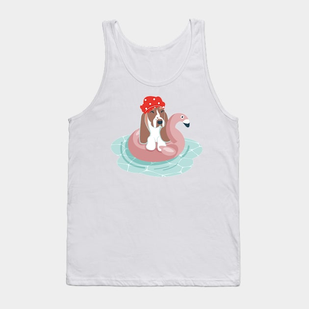 Summer pool pawty // aqua background basset hound dog breed in vacation playing on swimming pool float Tank Top by SelmaCardoso